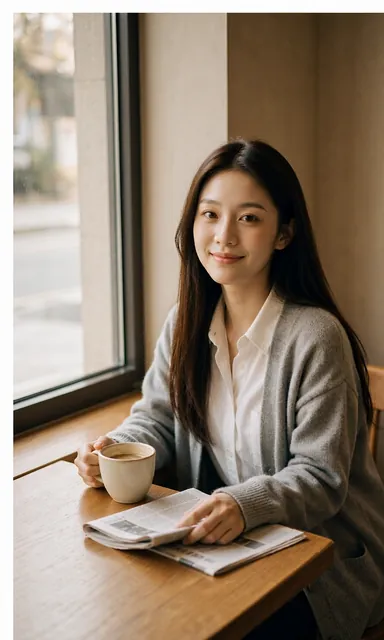 Woman sitting at a corner cafe table with a coffee cup and newspaper, looking up at the camera with a warm smile