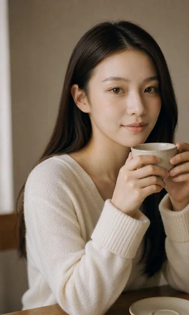 Woman holding a small ceramic cup in both hands below her chin, eyes lifted to the camera with a soft smile