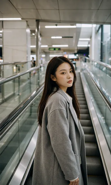 Woman in a grey coat standing still on a station escalator looking back up toward the camera in cold artificial light