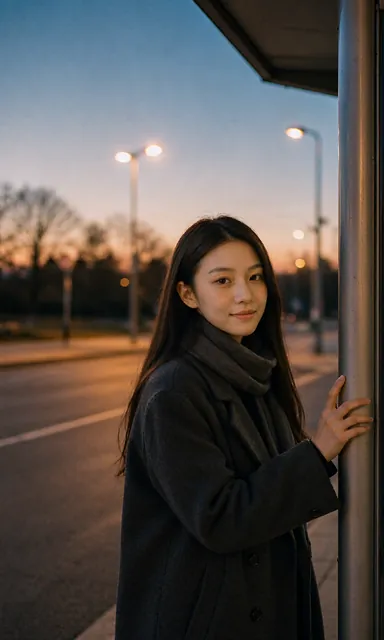 Woman waiting at a bus stop at dusk with one hand on the post, looking into the camera with a soft wistful smile