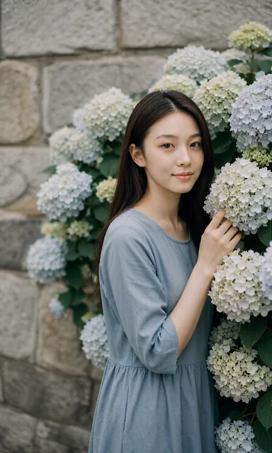 Woman beside a hydrangea bush touching a flower head, looking into the camera with a content expression