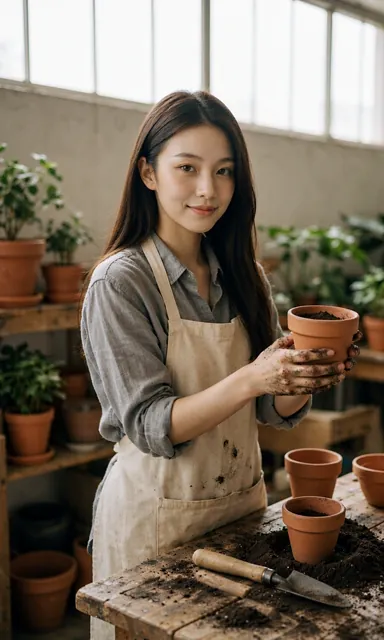 Woman at a potting bench holding up a small terracotta pot, smiling at the camera with soil on her hands