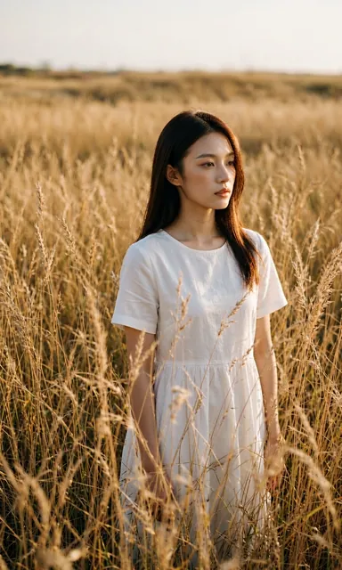 Woman in a white cotton dress standing waist deep in tall dry grass in warm late afternoon light