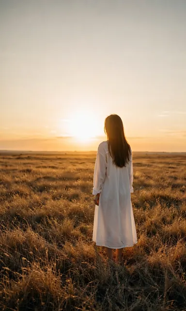 Wide photograph of a woman in a white cotton dress standing far away in a field of dry grass facing the setting sun