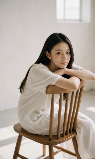 Woman sitting backwards on a wooden chair with her chin on her folded forearms, looking up at the camera