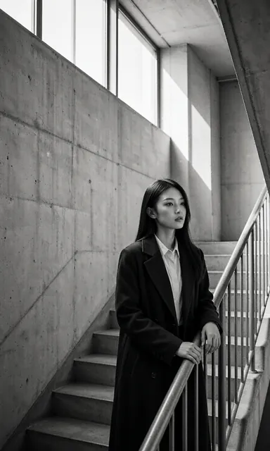 Black and white photograph of a woman in a long dark coat standing on a bare concrete stairway landing with graphic shadows