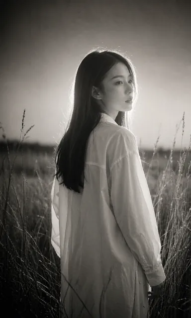 Black and white backlit portrait of a woman in a long-sleeve dress standing in tall dry grass at dusk, rim light on her hair