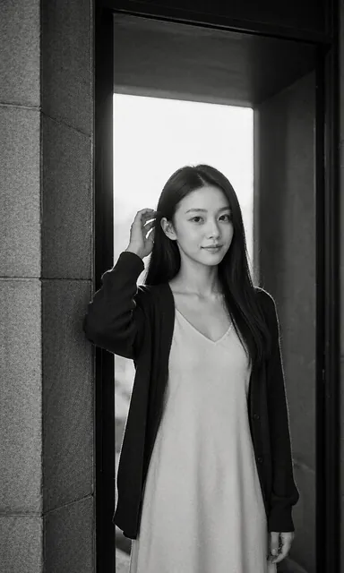 Black and white portrait of a woman standing centred in a doorway lifting her hair off her shoulder, looking into the lens