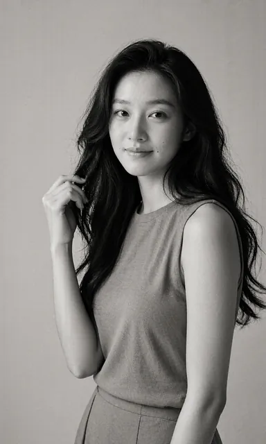 In black and white — composed, self-possessed.