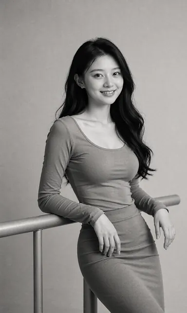 In black and white — leaning back against the rail.