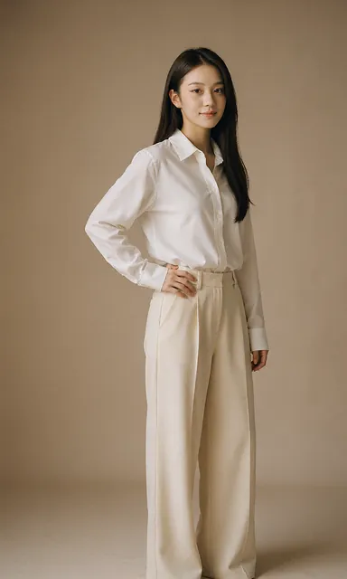 Full length studio portrait of a woman with one hand on her hip, looking into the lens with a composed confident smile
