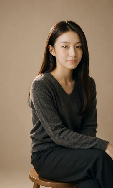 Woman sitting on a wooden studio stool with one knee crossed, looking into the camera with a calm steady expression