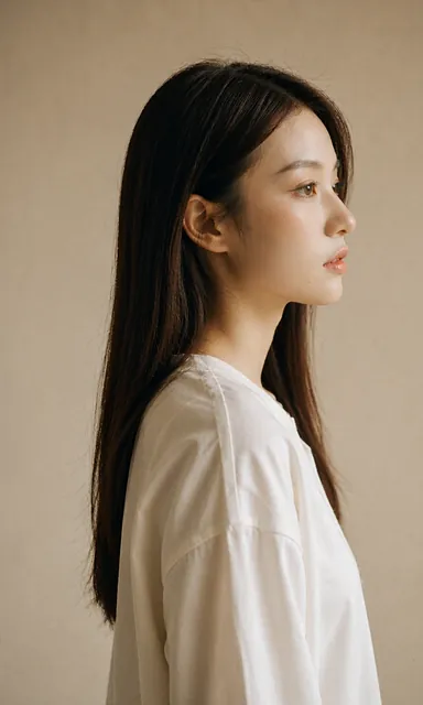 Profile studio portrait of a woman in a white cotton top against a beige seamless backdrop with soft key light