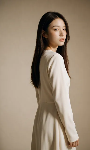 Woman in a long sleeved white dress standing turned away and looking back over her shoulder against a beige studio backdrop