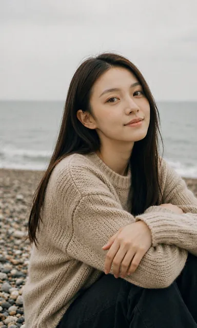 Woman sitting on pebbles with her knees drawn up, looking up at the camera with a quiet warm smile