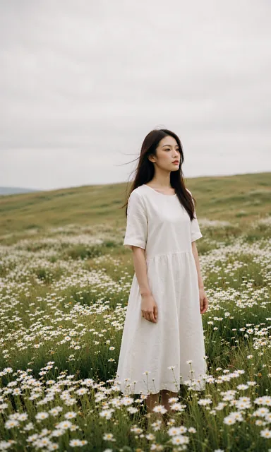 Woman in a white linen midi dress standing in a field of small white wildflowers on a green hillside under overcast sky