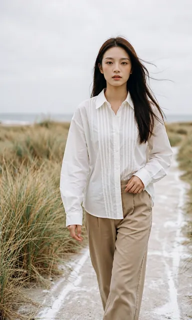 Woman in a light cotton shirt walking a narrow chalk footpath through low coastal grass under an overcast sky