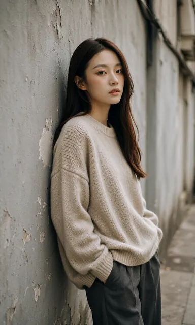 Woman in an oatmeal knit sweater and dark trousers standing against a weathered grey wall on a narrow city street