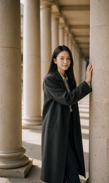 Woman standing between stone arcade columns with one hand on the pillar, turning to smile at the camera