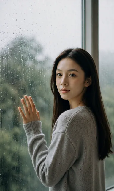 Woman at a rain-streaked window with one hand on the glass, looking back over her shoulder at the camera