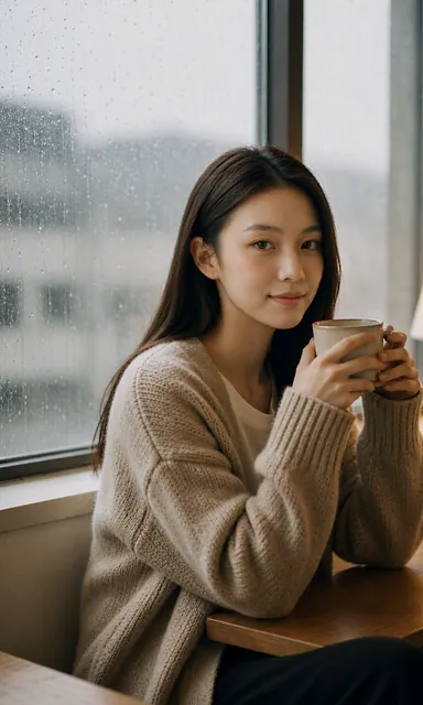 Woman sitting by a window lifting a wide cup in both hands, raising her eyes to the camera with a private smile
