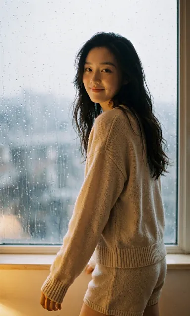 Rain on the window — caught mid-step.