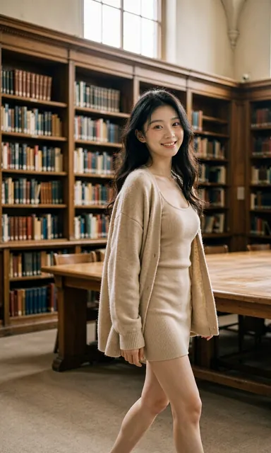 In the reading room — caught mid-step.