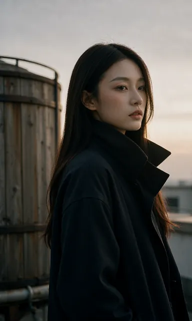 Woman in a dark coat standing beside an old wooden water tank on a rooftop, silhouetted against a dusk sky