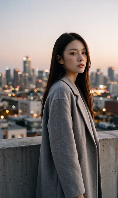Woman in a grey coat standing on a rooftop with a dense city skyline falling into soft focus behind her at dusk
