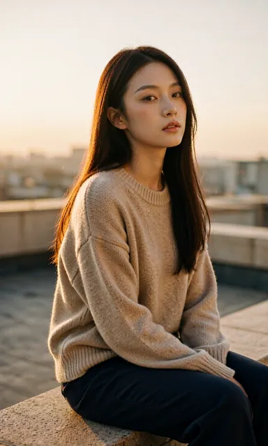 Woman in an oatmeal knit sitting on a low rooftop ledge with her hands in her lap in last light