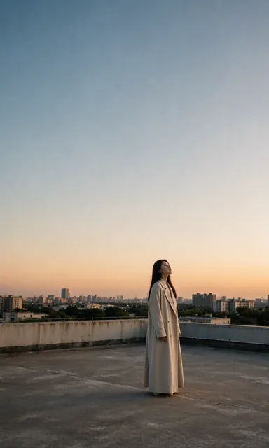 Wide photograph of a woman in a long light coat standing small in the middle of a flat rooftop at last light