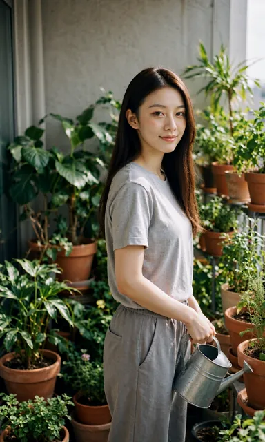 Woman standing among potted plants on a small balcony holding a watering can, smiling at the camera