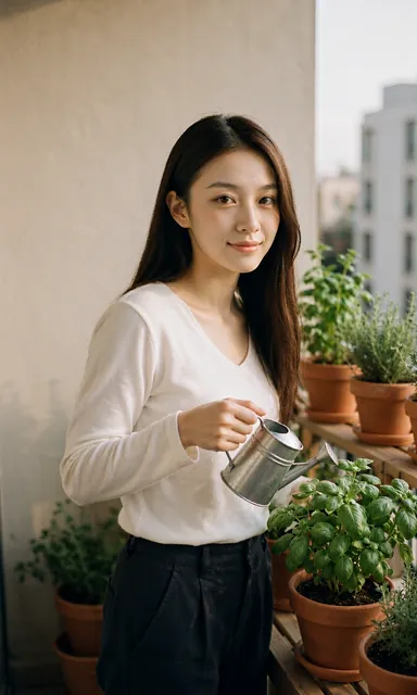 Woman watering a basil plant on a balcony, pausing to look up at the camera with a half-laugh