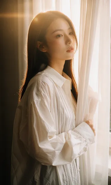Backlit portrait of a woman in a white cotton shirt turning her head so light catches the edge of her hair