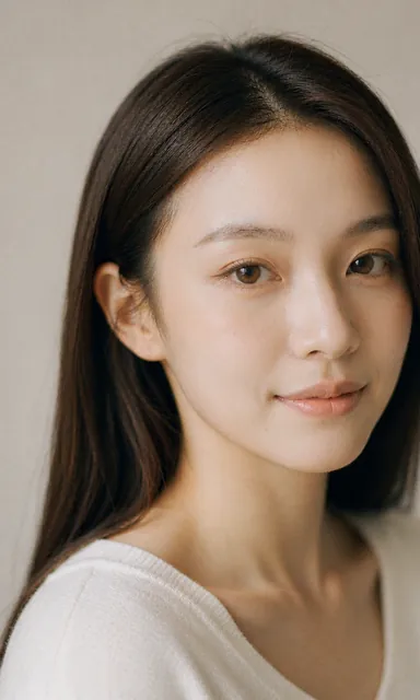 Very close soft-focus portrait of a woman with her head tilted, direct eye contact and a gentle serene smile