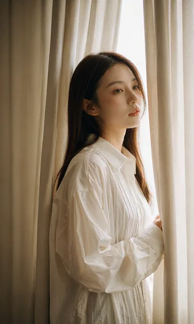 Woman in a light cotton dress standing in a narrow gap between two heavy curtains with a bright shaft of daylight