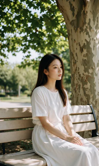 Woman in a white cotton dress sitting on a pale wooden bench beneath a plane tree in dappled summer light