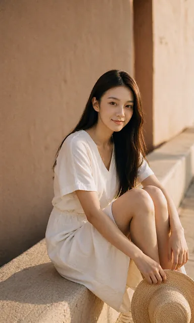 Woman in a white cotton dress sitting on a low stucco wall holding a straw hat, smiling at the camera in warm afternoon light