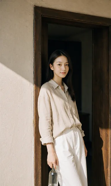 Woman in a beige linen shirt leaning in a shaded wooden doorway holding a glass bottle, looking at the camera with a calm steady gaze