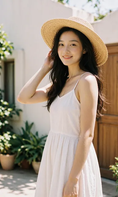 Cotton and summer light — with an easy smile.