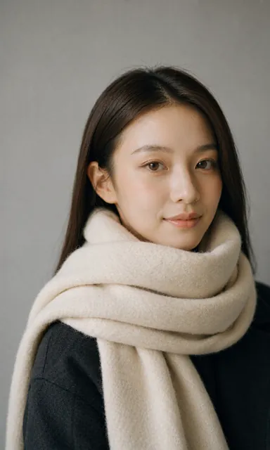 Close portrait of a woman in a wool scarf with her chin just above it, eyes raised to the camera, calm and warm